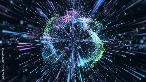 Glowing particle nebula exploding outward in neon blues, purples and greens with streaking light wow