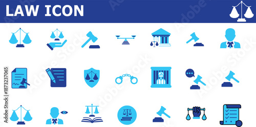 Legal and Law Icon Set featuring Justice Scales, Judge Gavel, Court House, Handcuffs, and Legal Documents. Blue Vector Icons for Law Firms and Legal Advice Services.