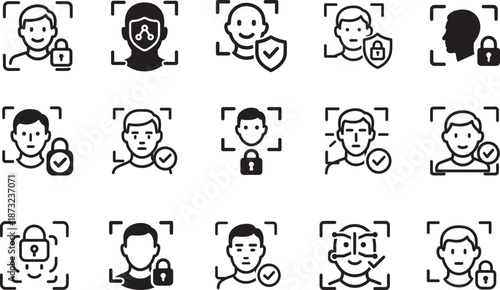   Face ID biometric verification outline icon set for secure login, identity authentication, and privacy protection.