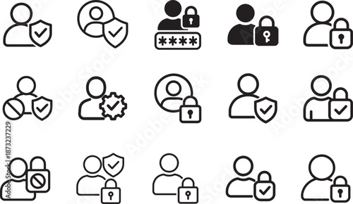   User access control and permission outline icon set for roles, authorization, security, and system management.