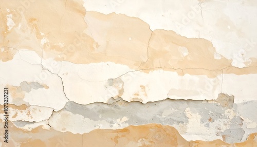 A textured wall featuring various peeling layers in warm earthy tones and cracks