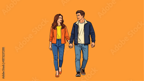 Pop art vector illustration of a romantic and happy couple walking hand in hand lovingly. Ideal for love, romance, and retro themes.