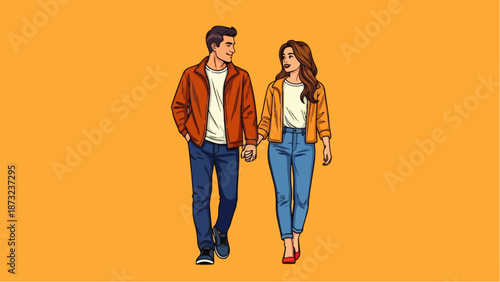 Pop art vector illustration of a romantic and happy couple walking hand in hand lovingly. Ideal for love, romance, and retro themes.