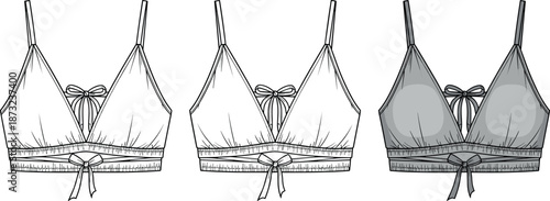 Women's Gathered Triangle Bralette Top Technical Flat Sketch Vector with Spaghetti Straps and Bow Tie Details Fashion Illustration