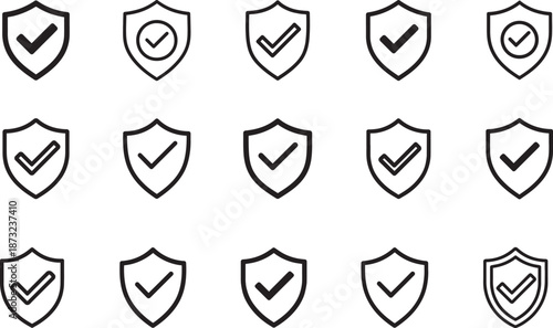   Shield with checkmark security outline icon set symbolizing protection, verification, trust, and safe systems.