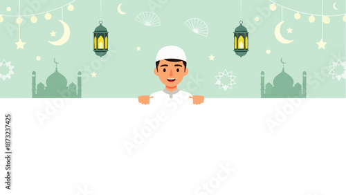 Flat vector illustration of a young asian Muslim man smiling while holding a blank advertising banner background with space for text, suitable for Ramadan and Eid greeting cards and Islamic content.