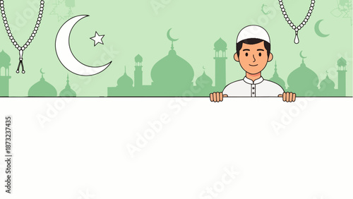 Flat vector of a young Indian or Pakistani Muslim man smiling while holding a blank advertising banner background with space for text, suitable for Ramadan and Eid greeting cards and Islamic content.