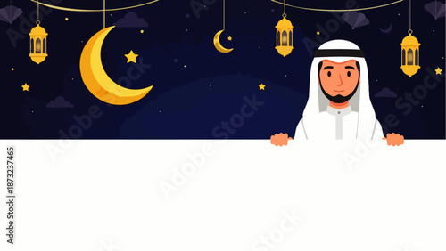 Flat vector illustration of a young Arab Muslim man smiling while holding a blank advertising banner background with space for text, suitable for Ramadan and Eid greeting cards and Islamic content.