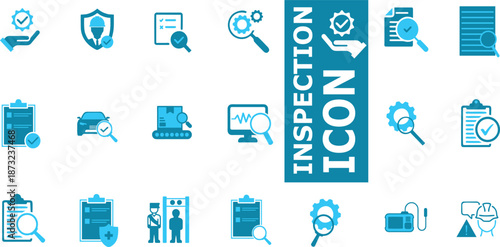 Inspection and Verification Icons featuring Document Review, Car Inspection, Security Guard, and Technical Support. Corporate Icons for Quality Management Systems.