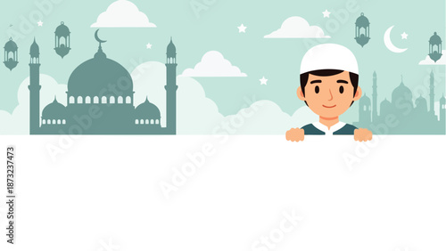 Flat vector of a young Turkish Muslim man smiling while holding a blank advertising banner background with space for text, suitable for Ramadan and Eid greeting cards and Islamic content.