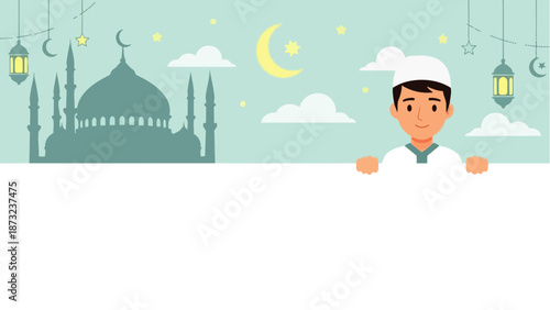 Flat vector of a young Turkish Muslim man smiling while holding a blank advertising banner background with space for text, suitable for Ramadan and Eid greeting cards and Islamic content.