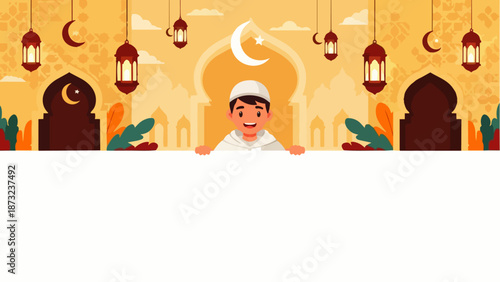 Flat vector illustration of a young Moroccan Muslim man smiling while holding a blank advertising banner background with space for text, suitable for Ramadan and Eid greeting cards and Islamic content