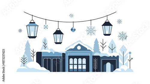 Charming winter village scene with snow-covered buildings and evergreen trees, adorned with festive hanging lanterns and delicate snowflakes, creating a tranquil holiday atmosphere