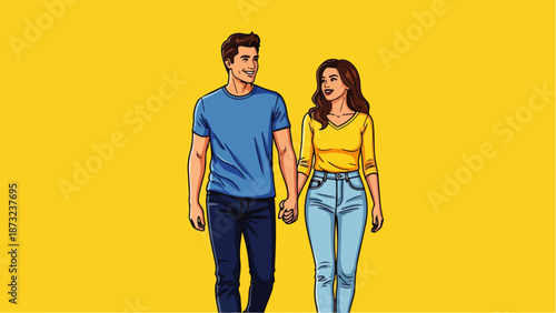 Pop art vector illustration of a romantic and happy couple walking hand in hand lovingly. Ideal for love, romance, and retro themes.