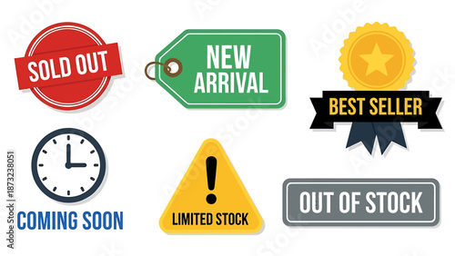 Comprehensive collection of sales and product status badges for e-commerce, featuring availability indicators like new arrival, best seller, sold out, limited stock, and coming soon labels