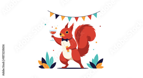 Red squirrel wearing a black bow tie celebrates with drinks and festive bunting banners in this whimsical vector illustration.