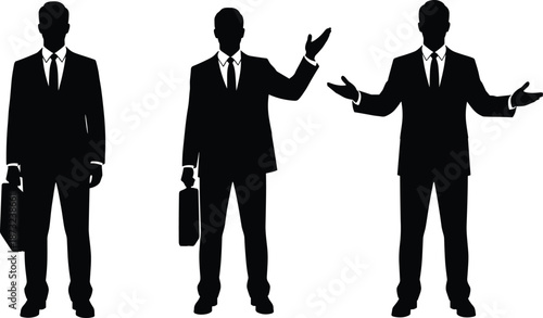Businessman silhouette vector illustration, corporate executive standing poses, professional suit figures isolated on white background, leadership presentation concept, flat design graphic artwork
