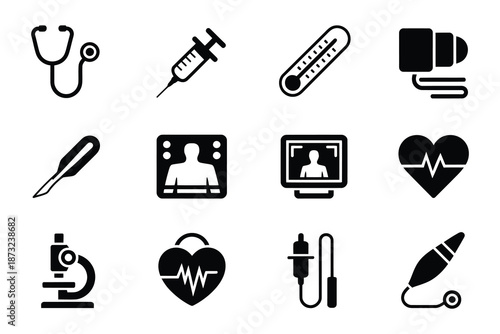 Medical icons set with stethoscope, syringe, and heart monitor