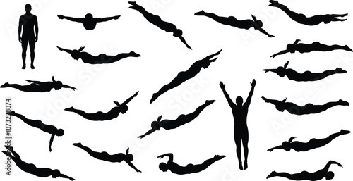 Human swimming silhouette collection with diving poses and body movements, athlete sport action set, isolated white background, black vector illustration
