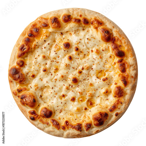 Freshly Baked Cheese Pizza With Golden Crust in a Round Shape Placed on a Whi...