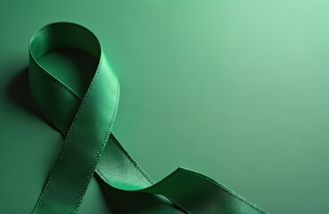 Green ribbon on green backdrop. Awareness ribbon support for lymphoma patients. Eco theme promotes eco awareness. Mental health campaign highlighted with green color. Charity events support people