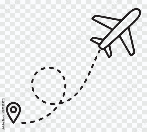 Airplane Route Icon with Dotted Line – Travel Flight Path Illustration Minimal Airplane Travel Path Icon with Location Pins
