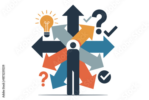 Decision making and problem solving concept with arrows and light bulb