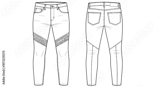 Detailed technical flat sketch illustration of men's modern skinny moto jeans with ribbed knee panels, presenting both front and back views for fashion design and apparel development