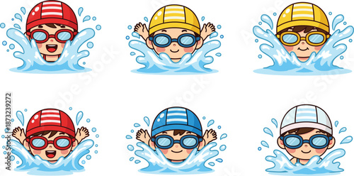 Cartoon kids swimming with colorful caps and goggles, water splashes, fun aquatic activity vector for sports education illustration