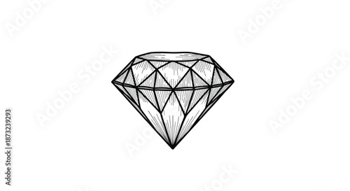 Brilliant faceted diamond is depicted in a detailed black and white line art drawing emphasizing its geometric shape and shine.