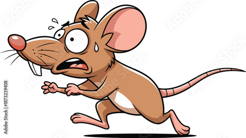 Panicked cartoon mouse running scared with sweat and tears, exaggerated expression, wide eyes, dramatic pose, humorous animal character illustration
