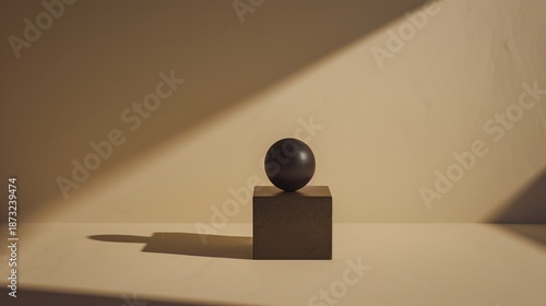 A minimalist still life sphere atop a cube, bathed in warm light and cast shadow