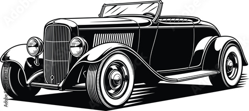 Black and White Illustration of Classic Vintage Convertible Car with Rounded Fenders and Sleek Body in Retro Vector Design