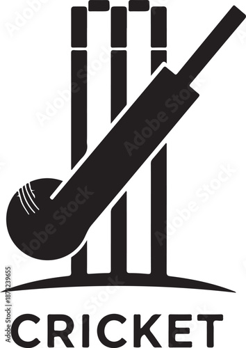 Black and white graphic illustration of cricket stumps a bat and a ball with the word cricket below