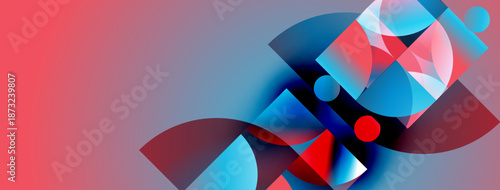 Abstract geometric shapes overlap. Red, blue hues dominate composition. Modern design, vibrant colors create dynamic visual effect.