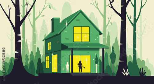 Cozy green house in a forest setting features glowing yellow windows and silhouettes in a serene and moody evening landscape.