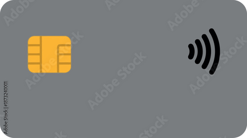 A grey credit card featuring a gold EMV chip and a black contactless payment symbol, representing modern financial transactions.
