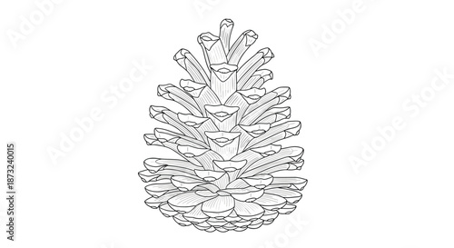 Intricate line art of a pine cone is rendered with fine details to show its natural scaly texture in a clean black and white style.