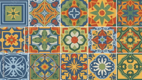 Colorful decorative tiles with floral and geometric patterns