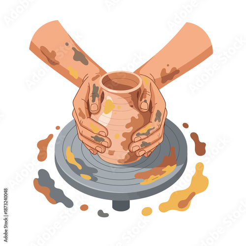Hands crafting pottery on a spinning wheel