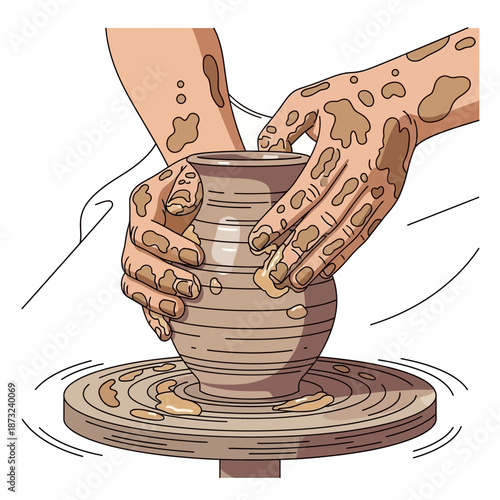 Hands crafting a ceramic pot on a spinning potter's wheel with wet clay