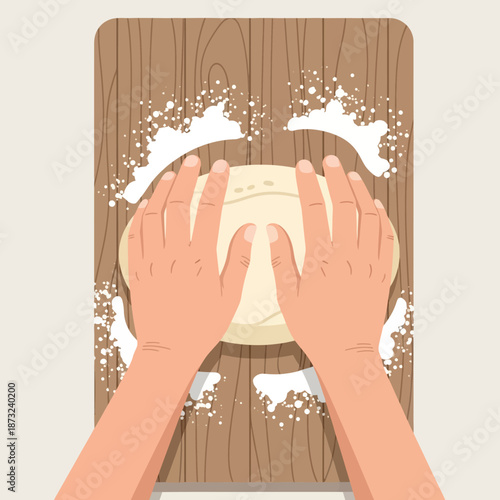 Hands Kneading Dough on Wooden Surface – Top View Illustration of Baking Process