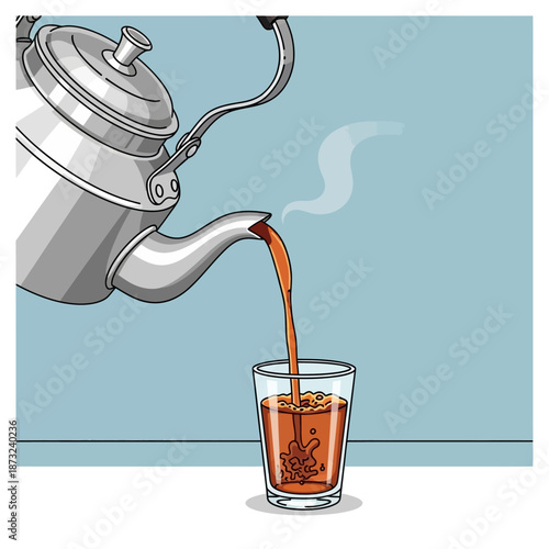 Pouring hot tea into a glass from a teapot