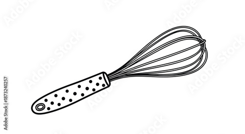 Detailed line art illustration of a kitchen whisk with a patterned handle used for cooking and baking on a white background.
