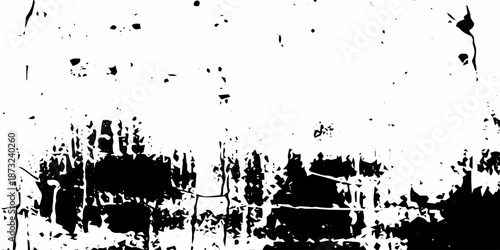 Abstract monochrome grunge background with vertical ink drips, paint splatter fragments, and distressed scratches, creating a raw high contrast texture for modern design use.