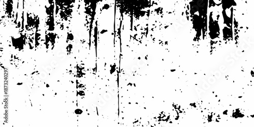 Abstract black and white grunge texture background with vertical ink drips, distressed scratches, paint splatter fragments, and scattered noise particles forming a high contrast rough surface.