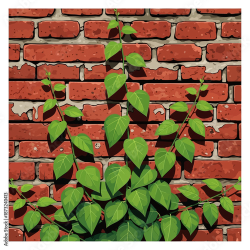 Neglected urban red brick wall with green plant, decay and crumbling bricks close-up photograph