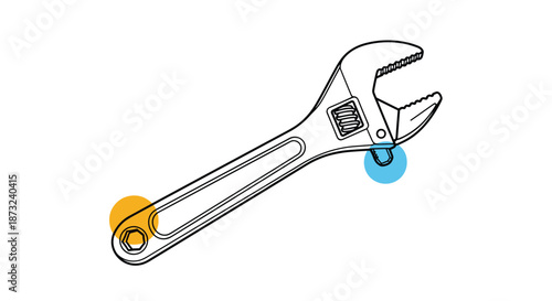 Clean line art illustration of a professional adjustable wrench tool with small colored accents against a white background.