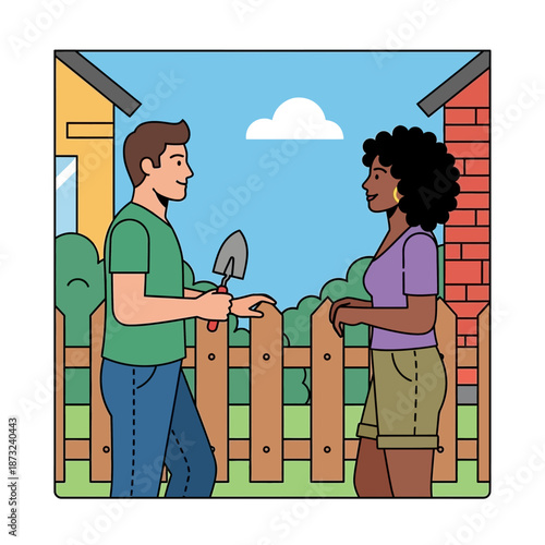 Couple discussing gardening in backyard