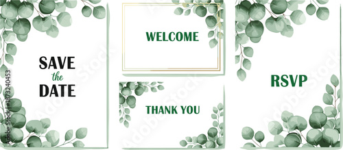 Elegant eucalyptus wedding stationery set with save the date, welcome, RSVP, and thank you card botanical templates